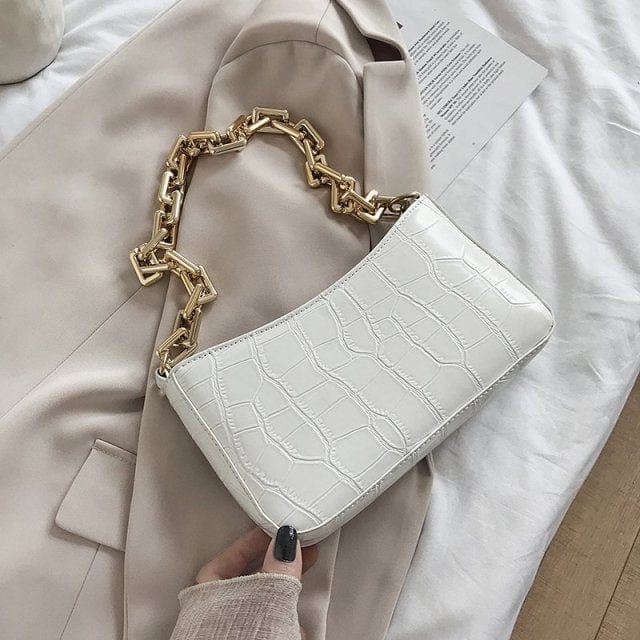 Stone Pattern PU Leather Metal Chain Handbag