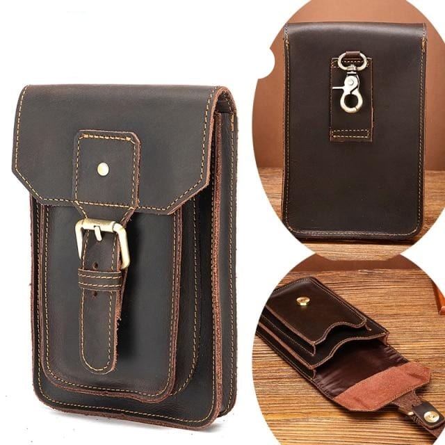 Real Leather men Casual Design Small Waist Bag Cowhide Fashion Hook Bum Bag Waist Belt Pack Cigarette Case 5.5" Phone Pouch 1609 - east2cart.uk