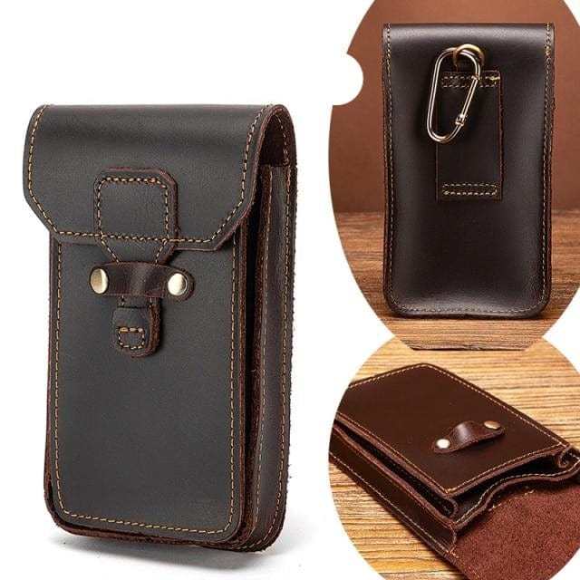 Real Leather men Casual Design Small Waist Bag Cowhide Fashion Hook Bum Bag Waist Belt Pack Cigarette Case 5.5" Phone Pouch 1609 - east2cart.uk