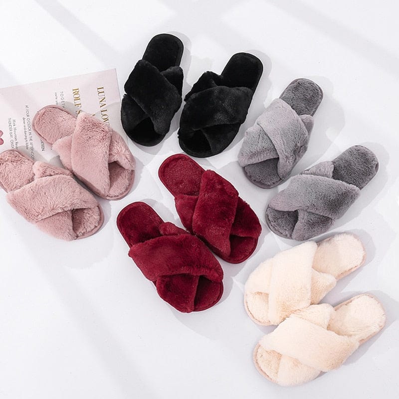 Winter Women House Slippers Faux Fur Fashion Warm Shoes Woman Slip on Flats Female Slides Black Pink cozy home  furry slippers - east2cart.uk