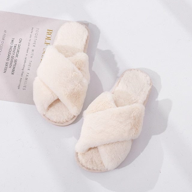 Winter Women House Slippers Faux Fur Fashion Warm Shoes Woman Slip on Flats Female Slides Black Pink cozy home  furry slippers - east2cart.uk