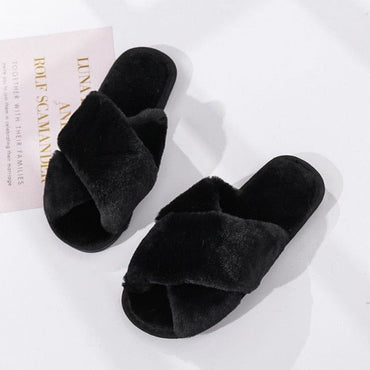 Winter Women House Slippers Faux Fur Fashion Warm Shoes Woman Slip on Flats Female Slides Black Pink cozy home  furry slippers - east2cart.uk