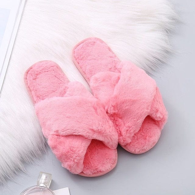 Winter Women House Slippers Faux Fur Fashion Warm Shoes Woman Slip on Flats Female Slides Black Pink cozy home  furry slippers - east2cart.uk