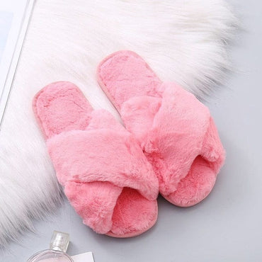 Winter Women House Slippers Faux Fur Fashion Warm Shoes Woman Slip on Flats Female Slides Black Pink cozy home  furry slippers - east2cart.uk