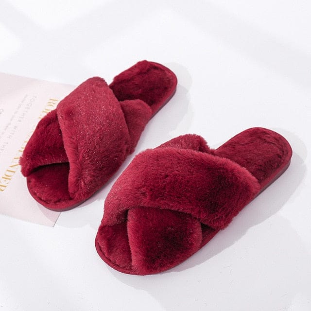 Winter Women House Slippers Faux Fur Fashion Warm Shoes Woman Slip on Flats Female Slides Black Pink cozy home  furry slippers - east2cart.uk