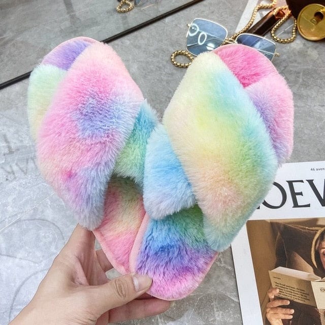 Winter Women House Slippers Faux Fur Fashion Warm Shoes Woman Slip on Flats Female Slides Black Pink cozy home  furry slippers - east2cart.uk