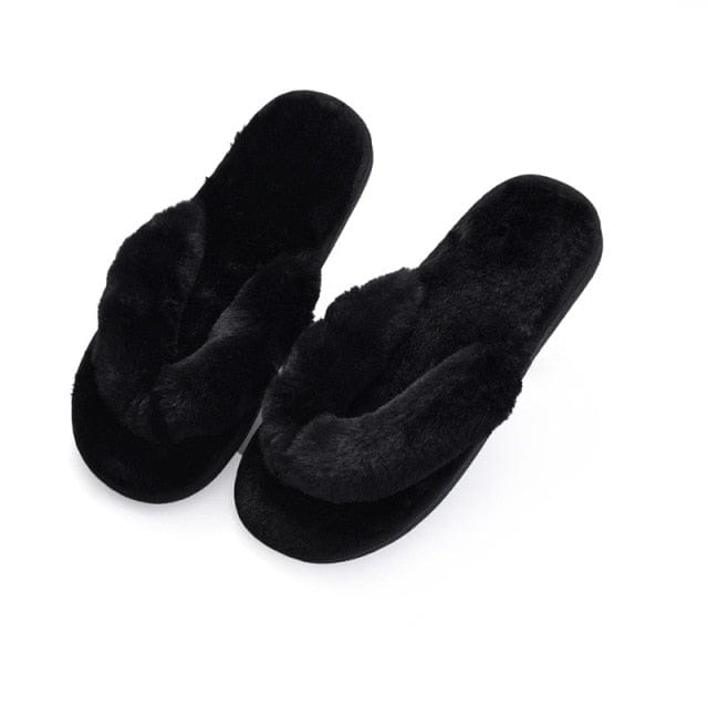 Winter Women House Slippers Faux Fur Fashion Warm Shoes Woman Slip on Flats Female Slides Black Pink cozy home  furry slippers - east2cart.uk