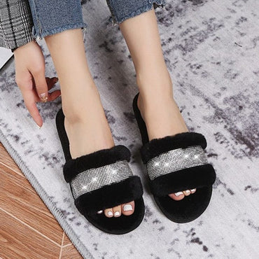 Winter Women House Slippers Faux Fur Fashion Warm Shoes Woman Slip on Flats Female Slides Black Pink cozy home  furry slippers - east2cart.uk