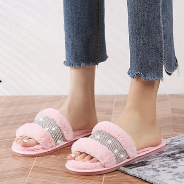 Winter Women House Slippers Faux Fur Fashion Warm Shoes Woman Slip on Flats Female Slides Black Pink cozy home  furry slippers - east2cart.uk