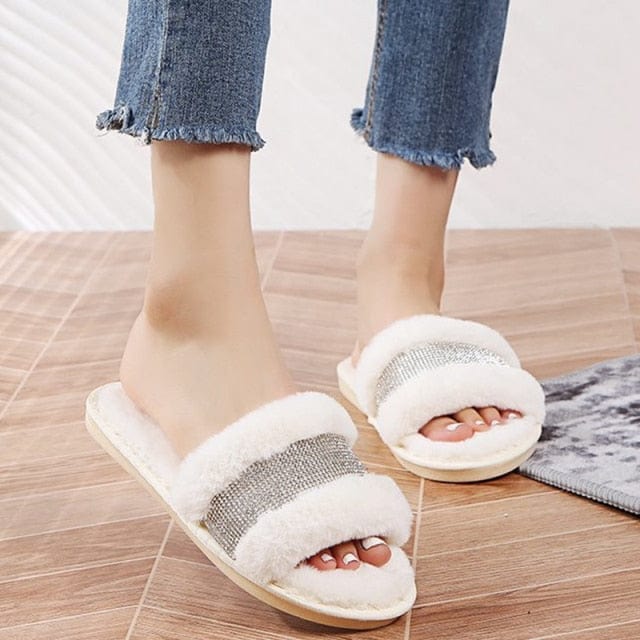 Winter Women House Slippers Faux Fur Fashion Warm Shoes Woman Slip on Flats Female Slides Black Pink cozy home  furry slippers - east2cart.uk