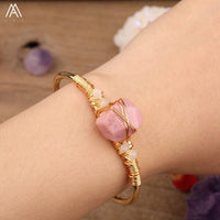 Natural Fluorite Stone Chunky Beads Open Cuff Bangles Women Amethysts Quartz Chip Beads Wire Wrap Gold Copper Bracelet Jewelry - east2cart.uk
