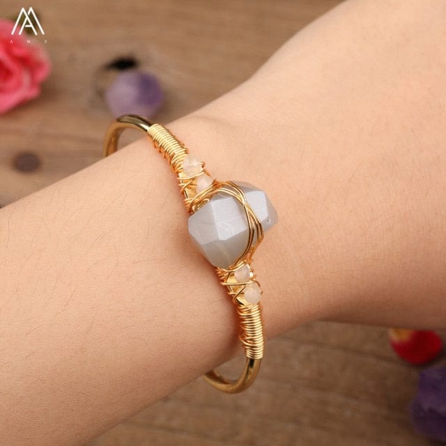 Natural Fluorite Stone Chunky Beads Open Cuff Bangles Women Amethysts Quartz Chip Beads Wire Wrap Gold Copper Bracelet Jewelry - east2cart.uk