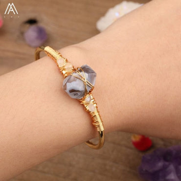 Natural Fluorite Stone Chunky Beads Open Cuff Bangles Women Amethysts Quartz Chip Beads Wire Wrap Gold Copper Bracelet Jewelry - east2cart.uk