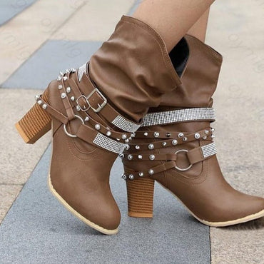 Luxury Mid Calf Crystal Leather Buckle Boot