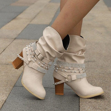 Luxury Mid Calf Crystal Leather Buckle Boot