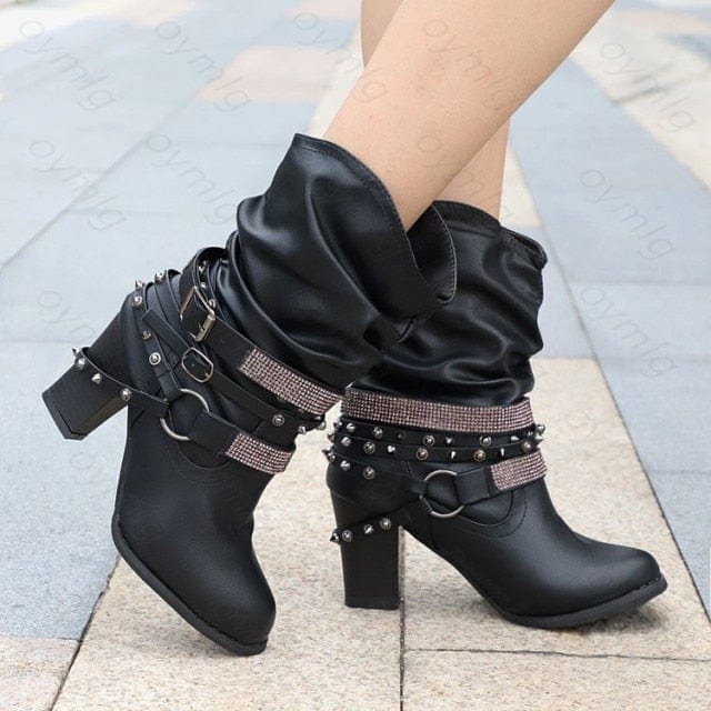 Luxury Mid Calf Crystal Leather Buckle Boot