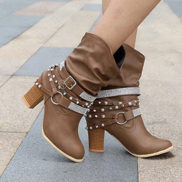 Luxury Mid Calf Crystal Leather Buckle Boot