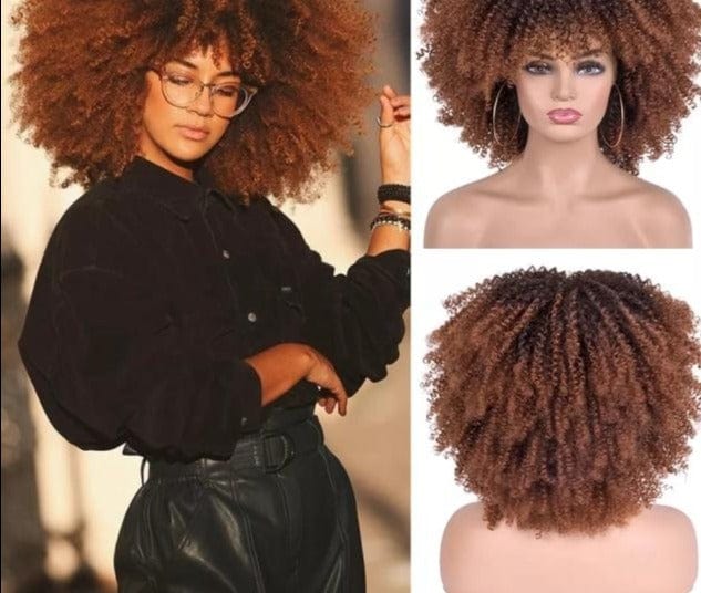 Short Afro Kinky Curly Wigs With Bangs For Black Women Blonde Mixed Brown Synthetic Cosplay African Wigs Heat Resistant Lizzy - east2cart.uk