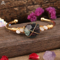 Natural Fluorite Stone Chunky Beads Open Cuff Bangles Women Amethysts Quartz Chip Beads Wire Wrap Gold Copper Bracelet Jewelry - east2cart.uk