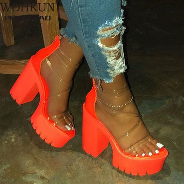 Night Club Party Platform Chunky Heel Sandals Summer Plus Size Shoes Transparent Gladiator Heel Sandals  Shoes Women - east2cart.uk