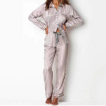 Satin Pajamas for Women Long Sleeved Striped Pjamas Sleepwear 2 Pieces Set Lounge Wear Home Clothes New Year Birthday Gift - east2cart.uk