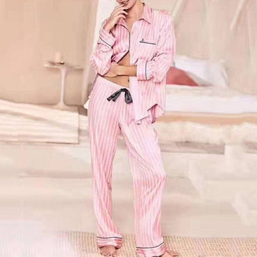 Satin Pajamas for Women Long Sleeved Striped Pjamas Sleepwear 2 Pieces Set Lounge Wear Home Clothes New Year Birthday Gift - east2cart.uk