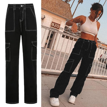 Rockmore High Waist Black Cargo Pants Women Plus Size Ribbon Streetwear Punk Wide Leg Pants Gothic Pockets Streetwear Joggers - east2cart.uk