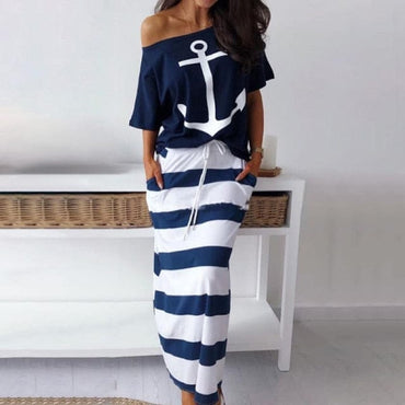 Summer Boat Anchor Print Stripe Dress - east2cart.uk