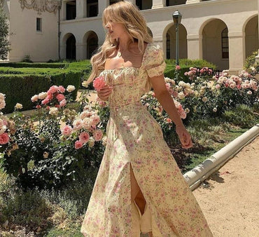 Women Dress Summer 2021 New Fashion Puff Sleeve Floral High Slit Maxi Dress For Women Boho Dress Summer Long Dress Plue Size - east2cart.uk