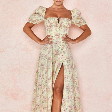 Women Dress Summer 2021 New Fashion Puff Sleeve Floral High Slit Maxi Dress For Women Boho Dress Summer Long Dress Plue Size - east2cart.uk