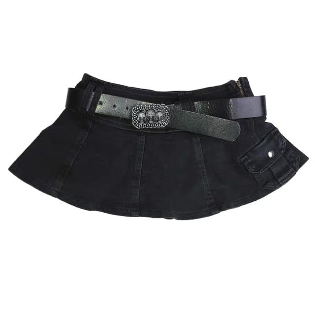 Denim Gothic Mini Skirt with Skull Belt - east2cart.uk