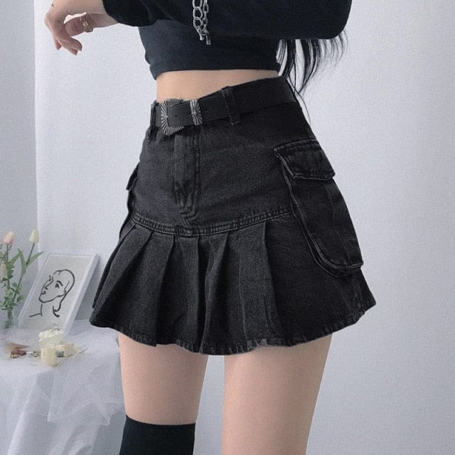 Denim Gothic Mini Skirt with Skull Belt - east2cart.uk