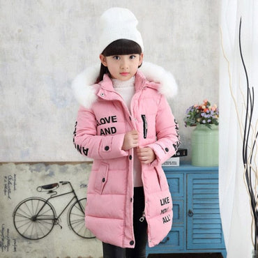 Girl's Fur Collar Long Winter Trench Coat