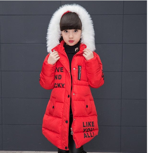 Girl's Fur Collar Long Winter Trench Coat