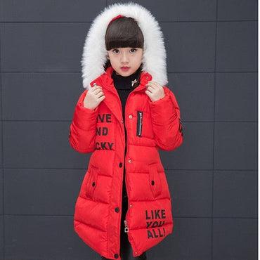 Girl's Fur Collar Long Winter Trench Coat