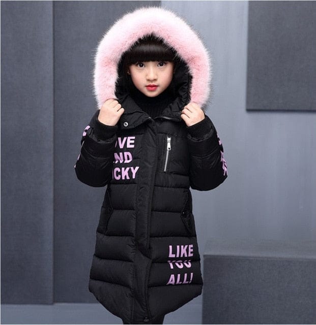 Girl's Fur Collar Long Winter Trench Coat