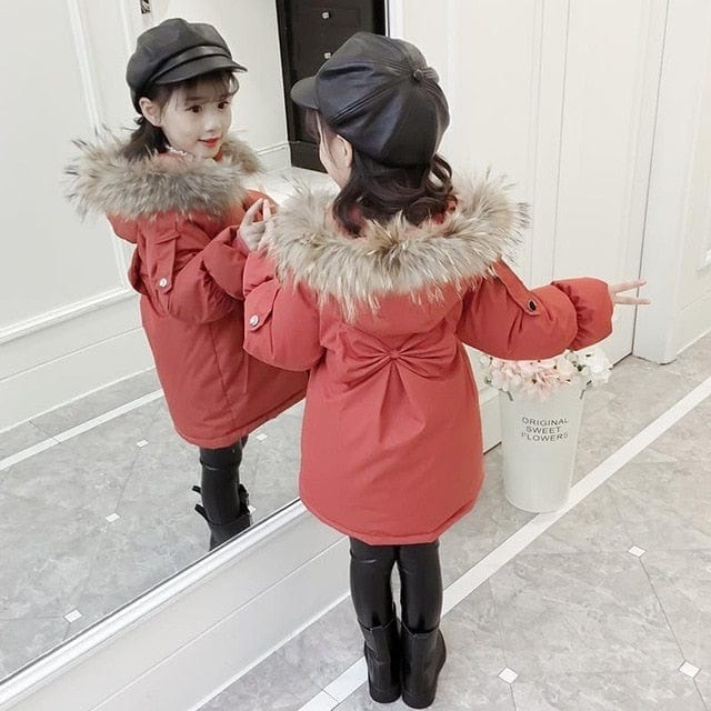 Girl's Fur Collar Long Winter Trench Coat