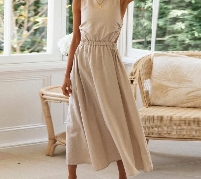 Elegant Cotton Linen Midi Dress - east2cart.uk