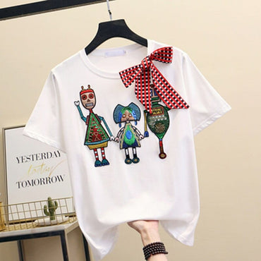 Women Luxurious Embroidery Sequins Cartoon T Shirt Lady O-Neck Short Sleeve Bow Tee Shirt Cotton Casual Tshirt Summer Female Top - east2cart.uk