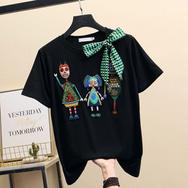 Women Luxurious Embroidery Sequins Cartoon T Shirt Lady O-Neck Short Sleeve Bow Tee Shirt Cotton Casual Tshirt Summer Female Top - east2cart.uk