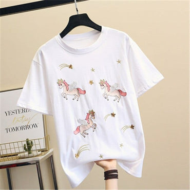 Women Luxurious Embroidery Sequins Cartoon T Shirt Lady O-Neck Short Sleeve Bow Tee Shirt Cotton Casual Tshirt Summer Female Top - east2cart.uk