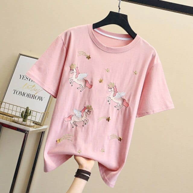 Women Luxurious Embroidery Sequins Cartoon T Shirt Lady O-Neck Short Sleeve Bow Tee Shirt Cotton Casual Tshirt Summer Female Top - east2cart.uk