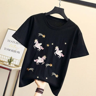 Women Luxurious Embroidery Sequins Cartoon T Shirt Lady O-Neck Short Sleeve Bow Tee Shirt Cotton Casual Tshirt Summer Female Top - east2cart.uk