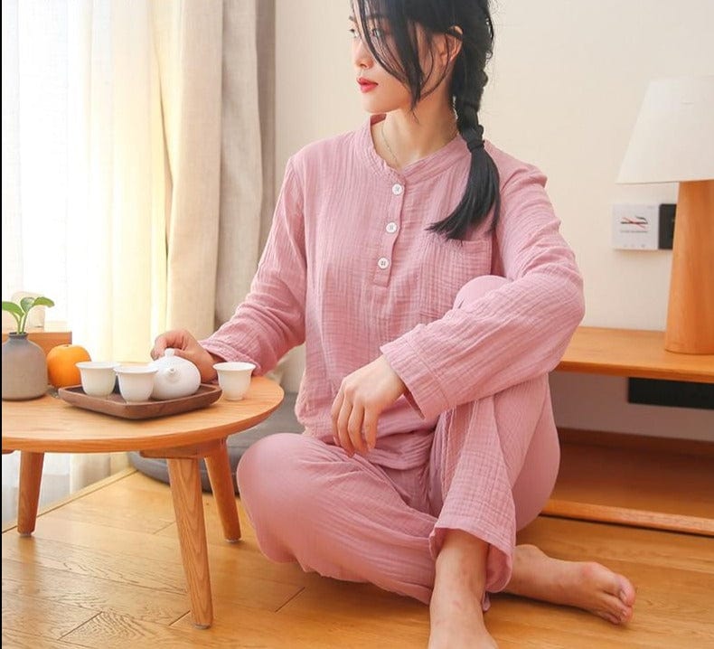 Women's Sleepwear Cotton Yarn Pajama Sets Water-washed Sleeping Suits Female Long-Sleeve Crepe Yarn Home Clothe Lounge Wear Pink - east2cart.uk