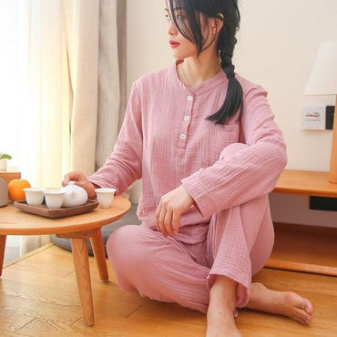 Women's Sleepwear Cotton Yarn Pajama Sets Water-washed Sleeping Suits Female Long-Sleeve Crepe Yarn Home Clothe Lounge Wear Pink - east2cart.uk