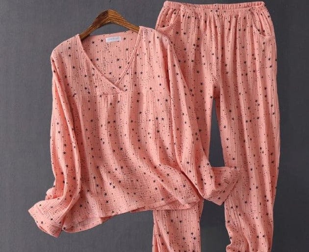 Women's Sleepwear Cotton Yarn Pajama Sets Water-washed Sleeping Suits Female Long-Sleeve Crepe Yarn Home Clothe Lounge Wear Pink - east2cart.uk