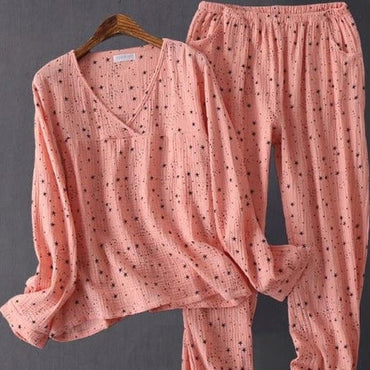 Women's Sleepwear Cotton Yarn Pajama Sets Water-washed Sleeping Suits Female Long-Sleeve Crepe Yarn Home Clothe Lounge Wear Pink - east2cart.uk