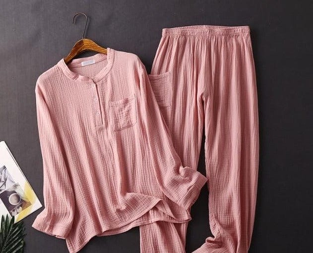 Women's Sleepwear Cotton Yarn Pajama Sets Water-washed Sleeping Suits Female Long-Sleeve Crepe Yarn Home Clothe Lounge Wear Pink - east2cart.uk