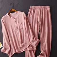 Women's Sleepwear Cotton Yarn Pajama Sets Water-washed Sleeping Suits Female Long-Sleeve Crepe Yarn Home Clothe Lounge Wear Pink - east2cart.uk