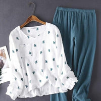 Women's Sleepwear Cotton Yarn Pajama Sets Water-washed Sleeping Suits Female Long-Sleeve Crepe Yarn Home Clothe Lounge Wear Pink - east2cart.uk